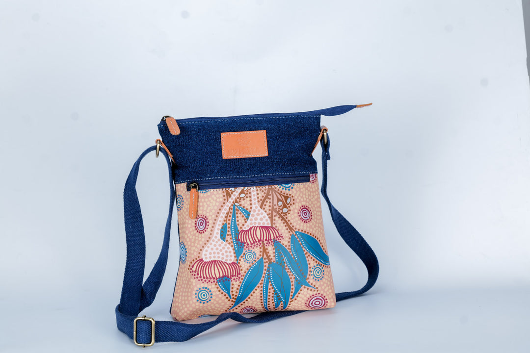 Flowering Gum Hand Painted Leather and Denim Combination Shoulder Bag
