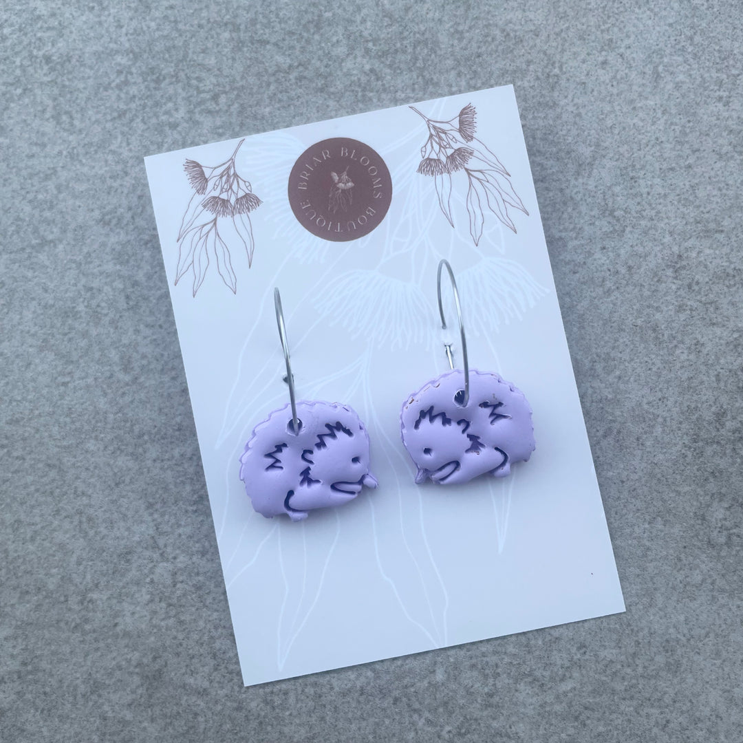 Polymer clay echidna earrings Lilac